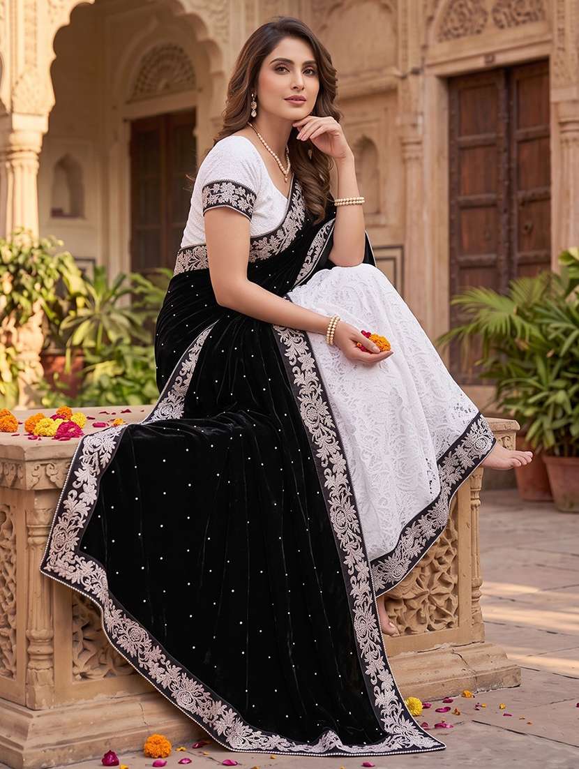 Black Self Design Velvet Saree With Blouse - 20183914 -  Standard Image - 2