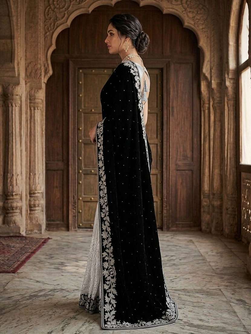 women's black velvet and brasso half-half saree with blouse piece - 20183981 -  Standard Image - 2