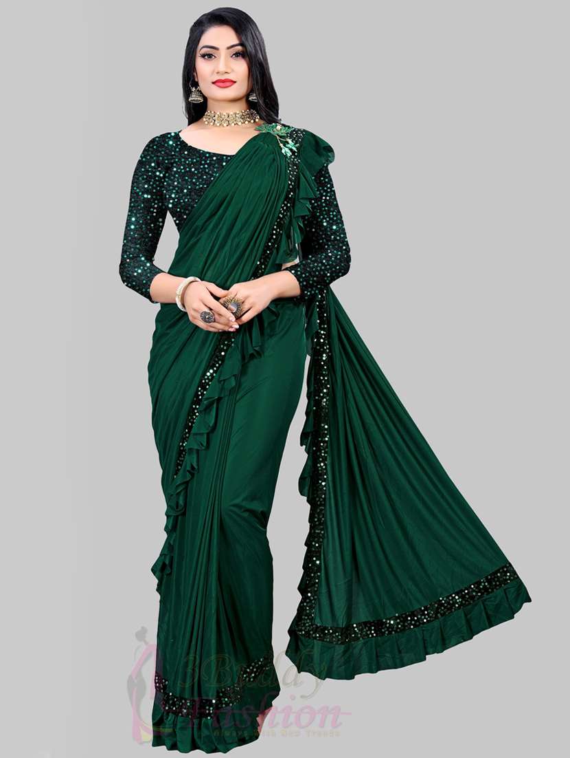 women's solid with work bottle green colored saree with blouse