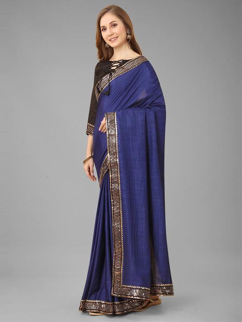 women's bordered navy blue colored saree with blouse - 20184130 - Standard Image - 0