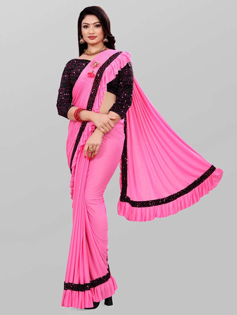 women solid ruffle saree with blouse