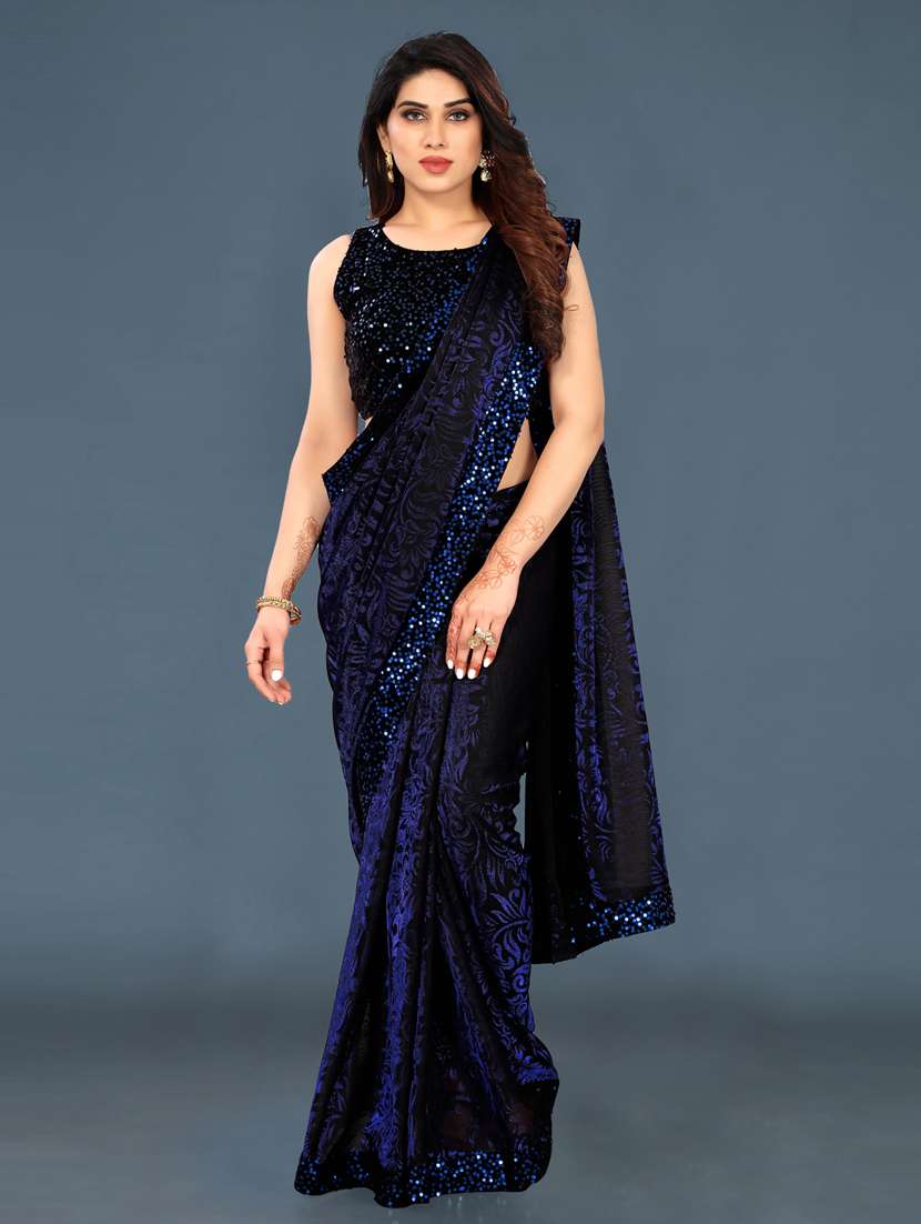 women's self design navy blue colored saree with blouse