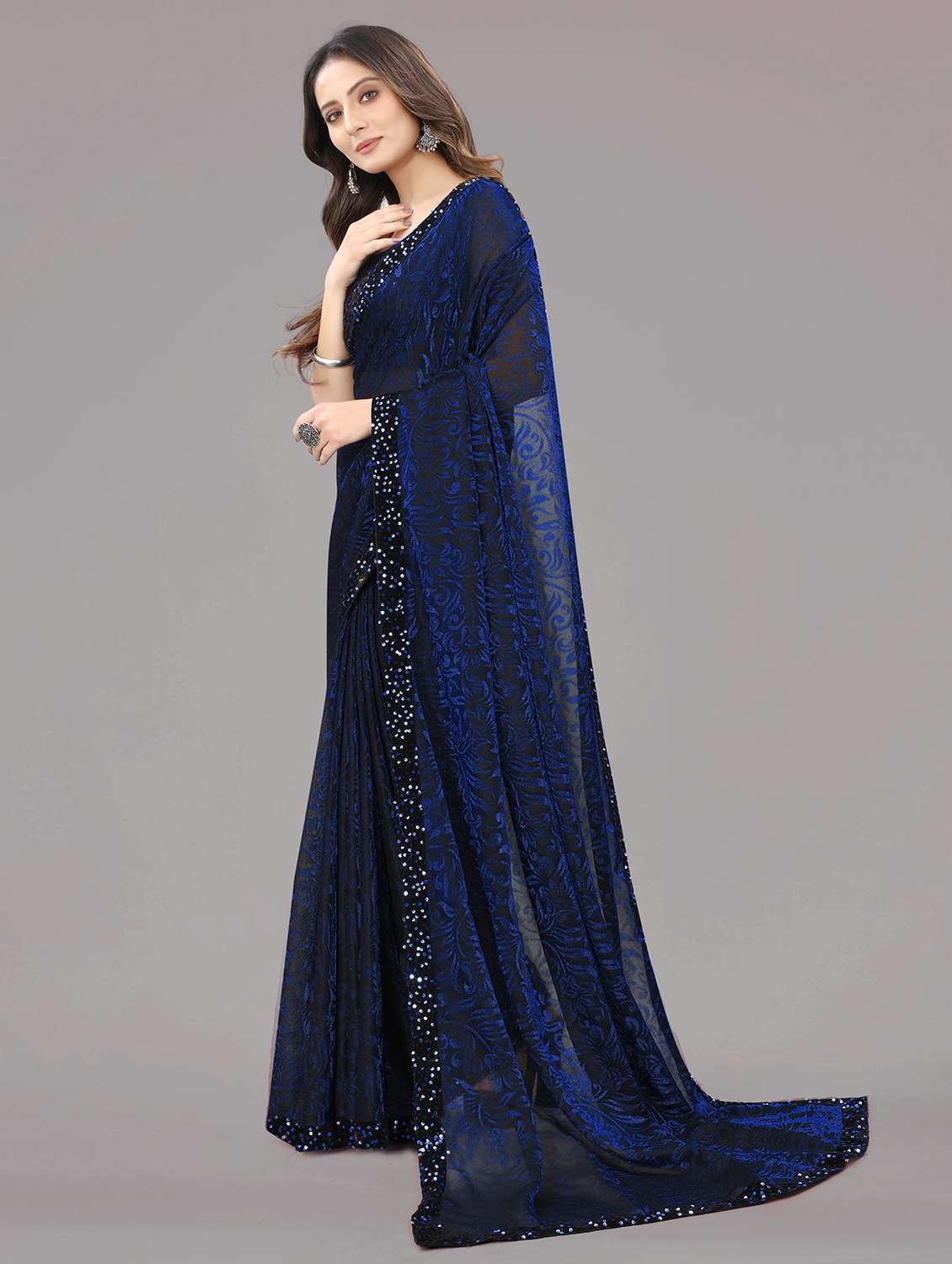 women's printed blue colored saree with blouse - 20184152 -  Standard Image - 2