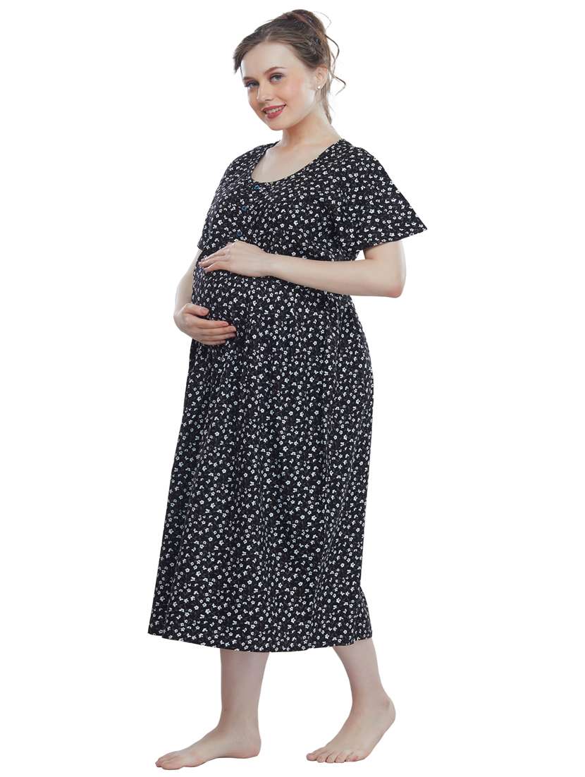 black florl print round neck short sleeves nighty - 20184591 -  Standard Image - 2