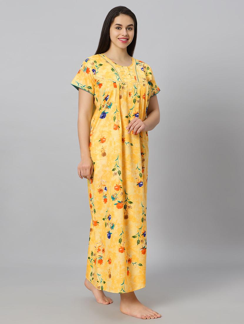 yellow printed round neck short sleeves nighty - 20184672 - Standard Image - 2