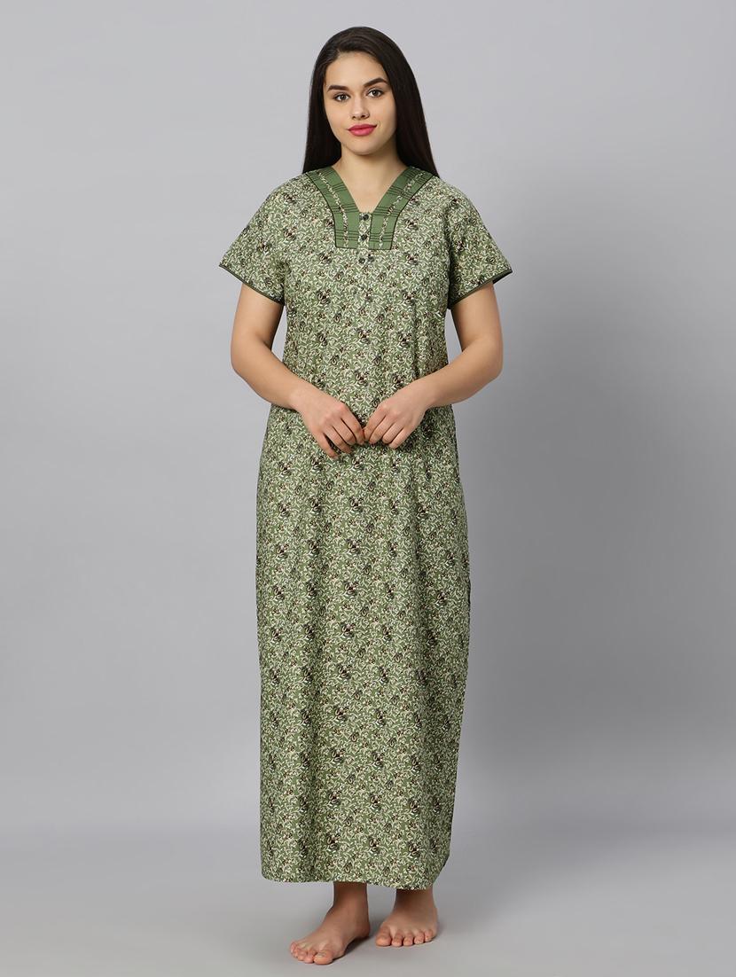 green printed v neck short sleeves nighty - 20184679 - Standard Image - 2