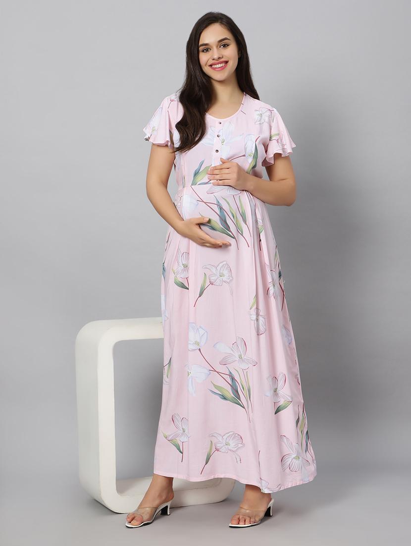 pink printed round neck maternity wear nighty - 20184684 - Standard Image - 2