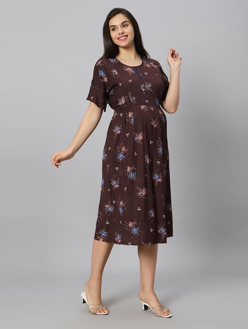 brown florals printed round neck maternity wear nighty - 20184686 - Standard Image - 2