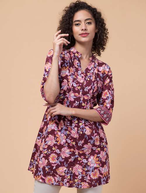 maroon floral print mandarin neck regular tunic - 20184721 -  Standard Image - 0