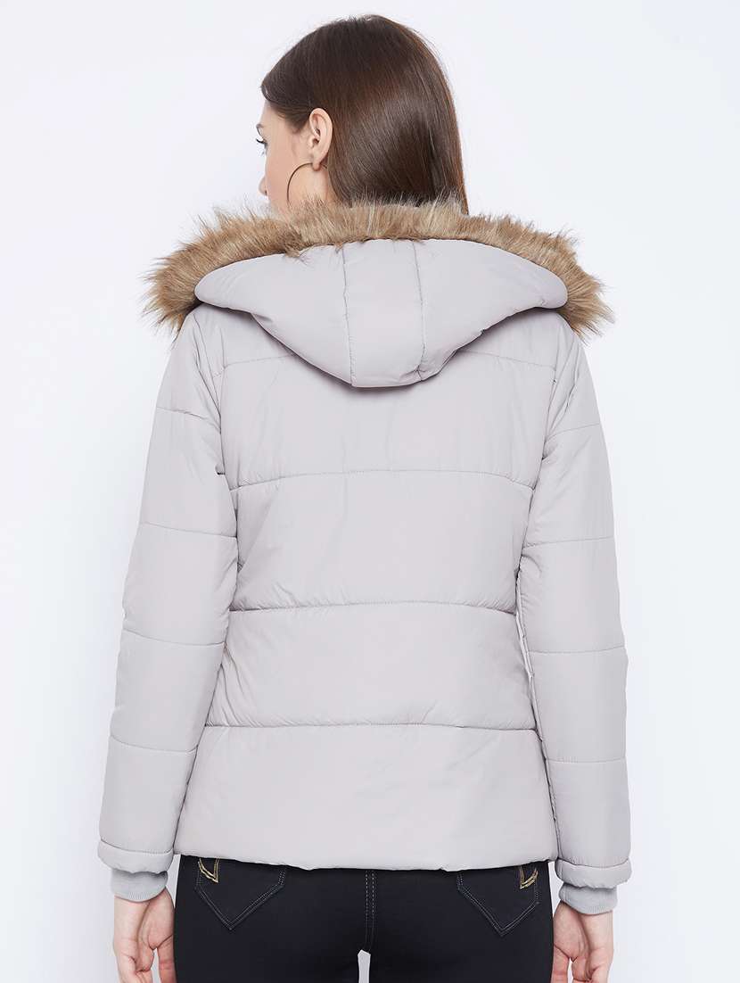 grey solid hooded long sleeves bomber jacket - 20184739 -  Standard Image - 2