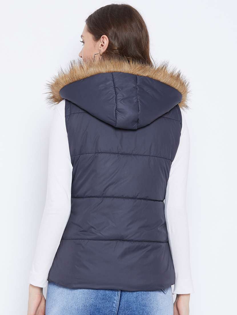navy blue solid hooded sleeveless bomber jacket - 20184747 -  Standard Image - 2