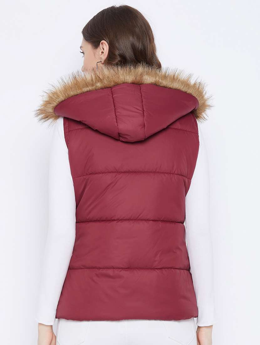 maroon solid hooded sleeveless bomber jacket - 20184748 -  Standard Image - 2