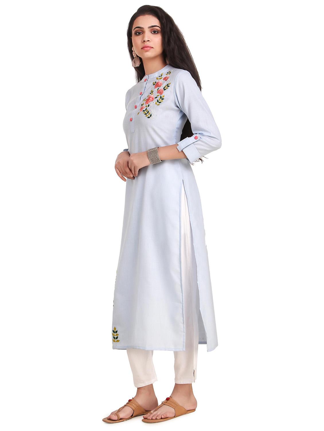 blue cotton straight kurta - 20186146 - Standard Image - 2