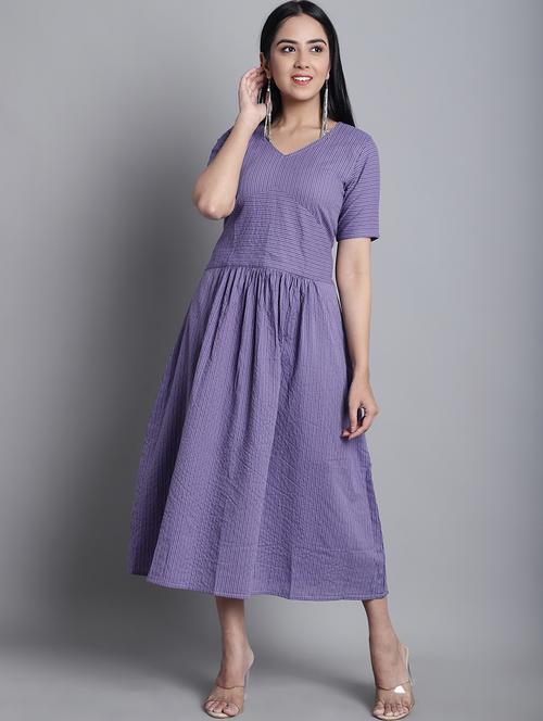 purple stri[ed v neck midi a-line dress - 20187958 - Standard Image - 0