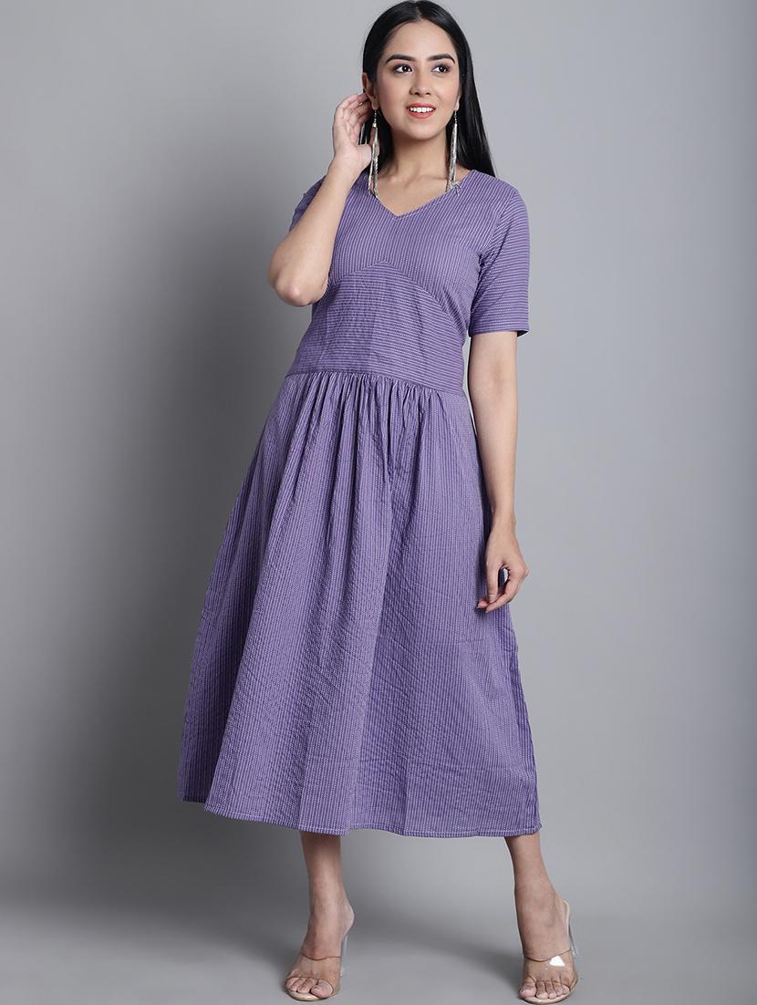 purple stri[ed v neck midi a-line dress - 20187958 - Zoom Image - 0
