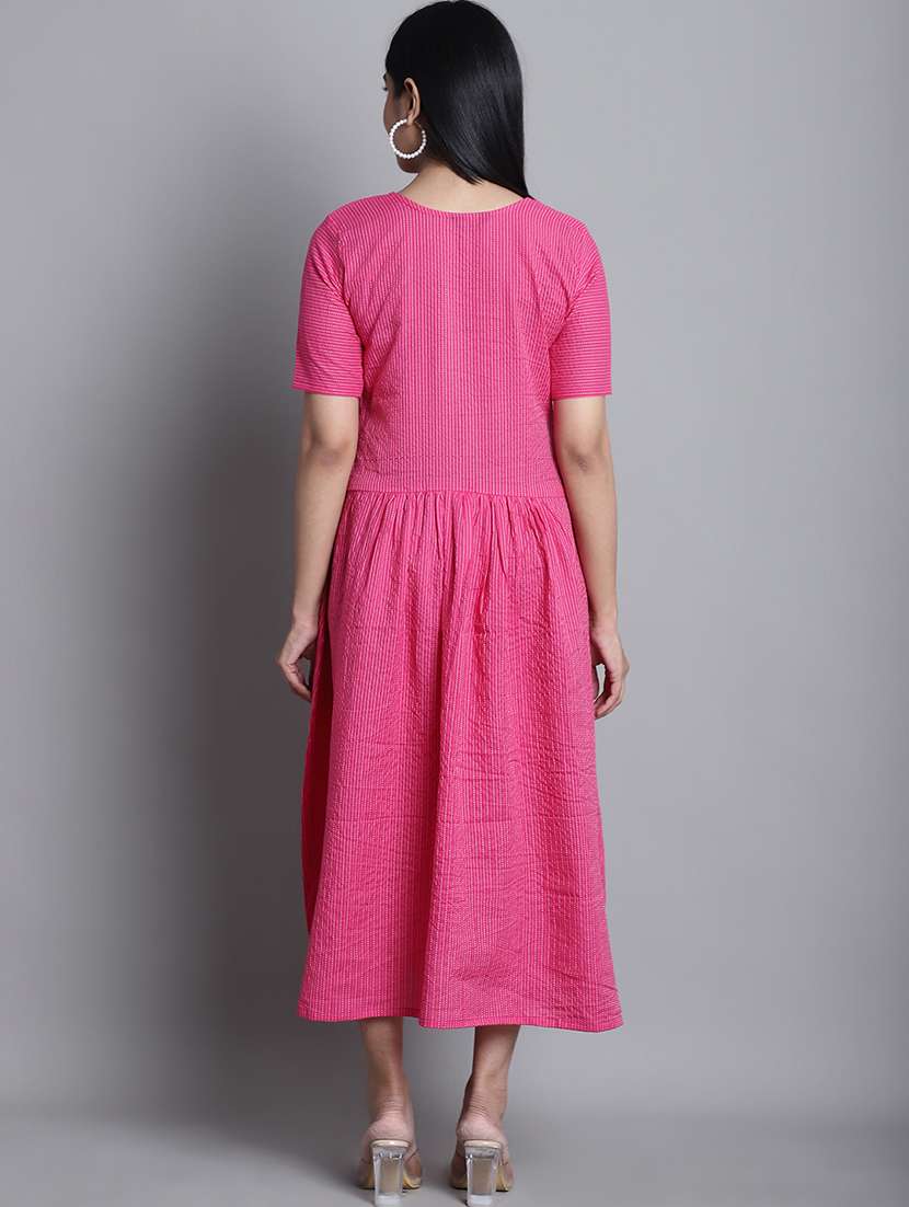 pink striped v neck midi a-line dress - 20187959 - Standard Image - 2