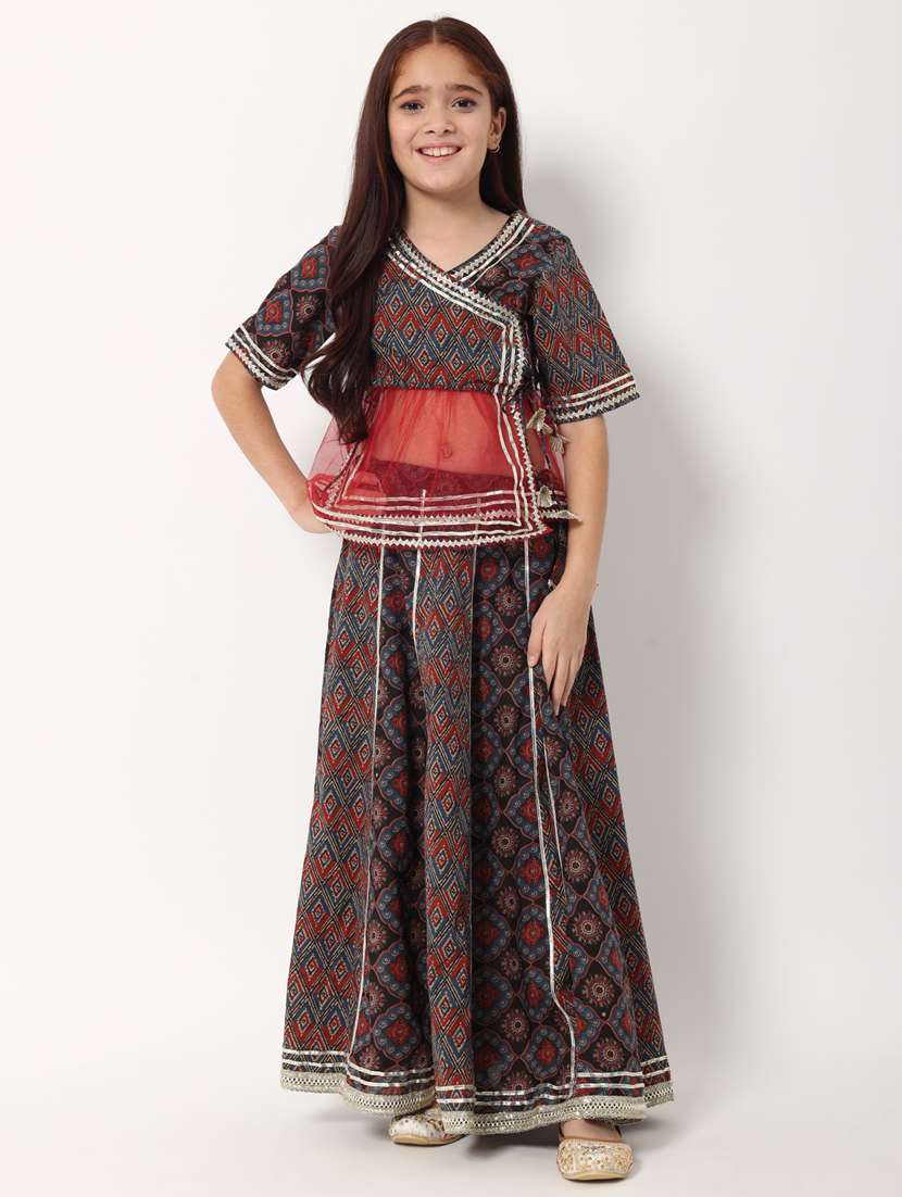 girls blue printed lehenga choli set