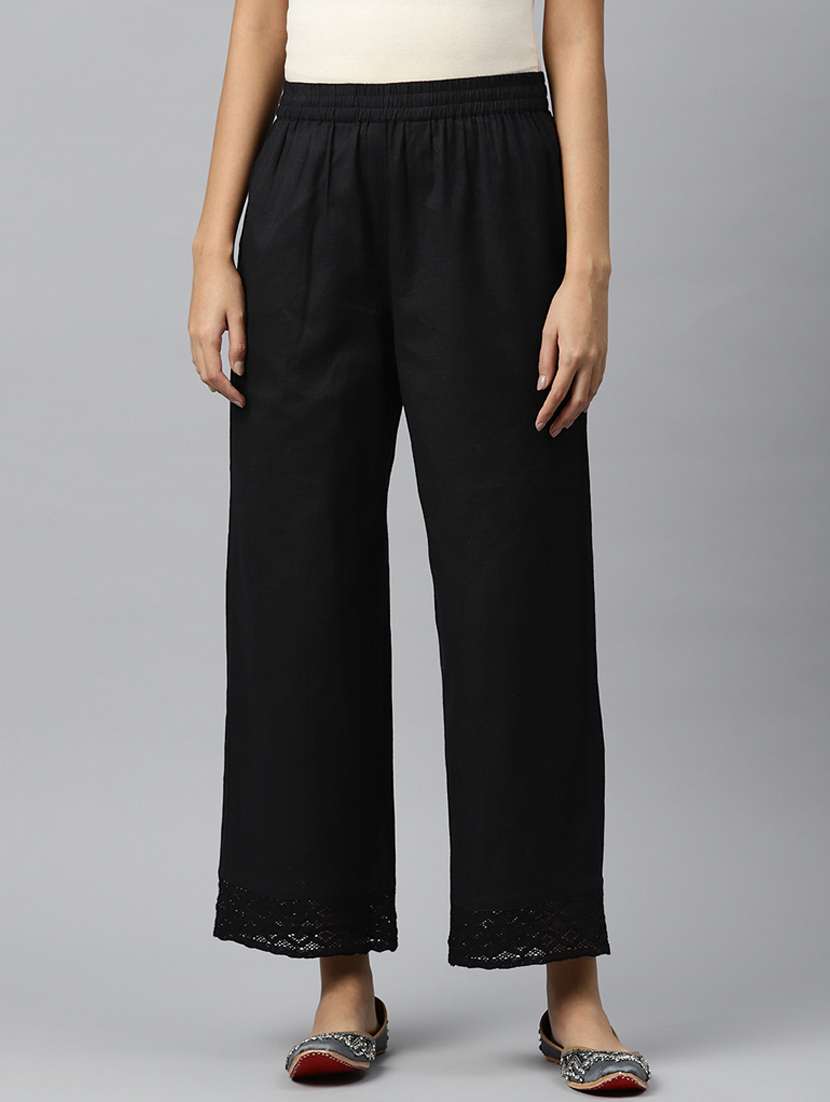 black solid wid ankle leg trouser with laced hem - 20188615 - Zoom Image - 0