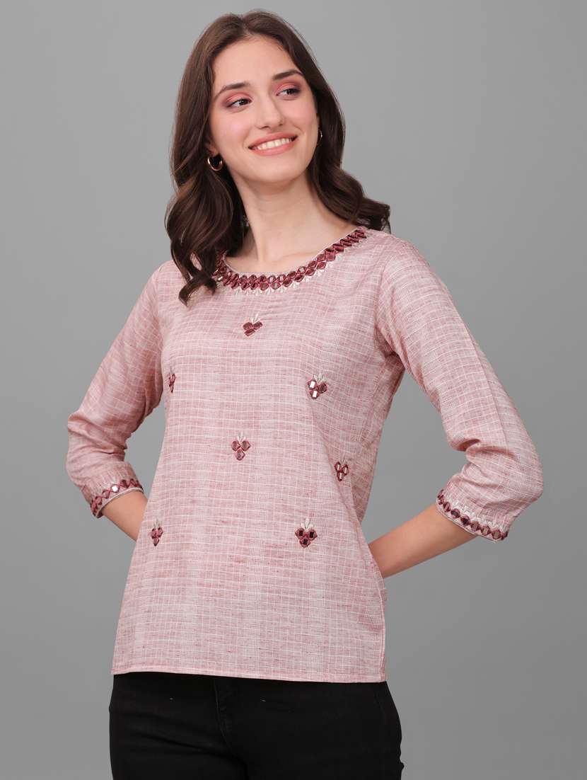pink self designed mirror work regular top - 20188929 -  Standard Image - 2
