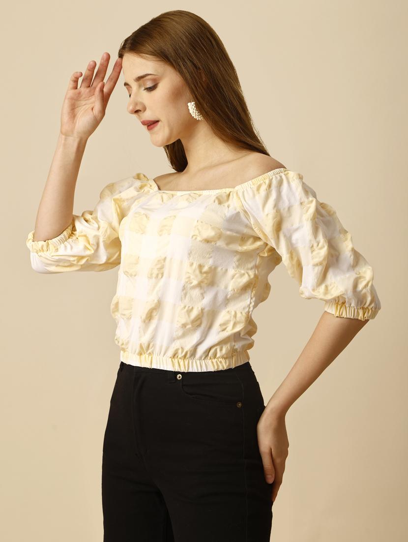women checked off shoulder crop top - 20188946 - Standard Image - 2