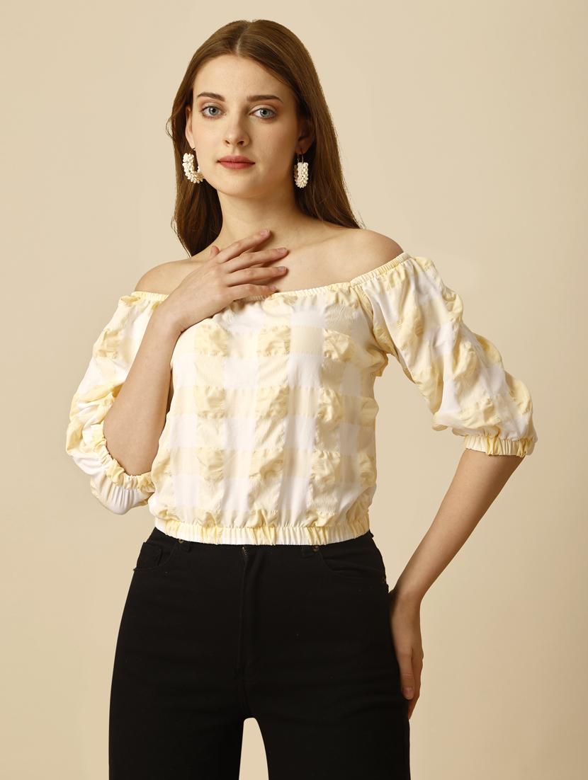 yellow check print blouson top - 20188947 - Standard Image - 2