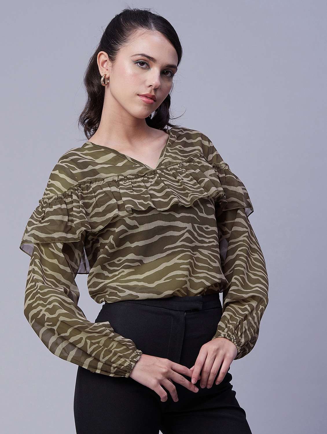 women pinted v neck layered detailed top - 20189298 - Standard Image - 2