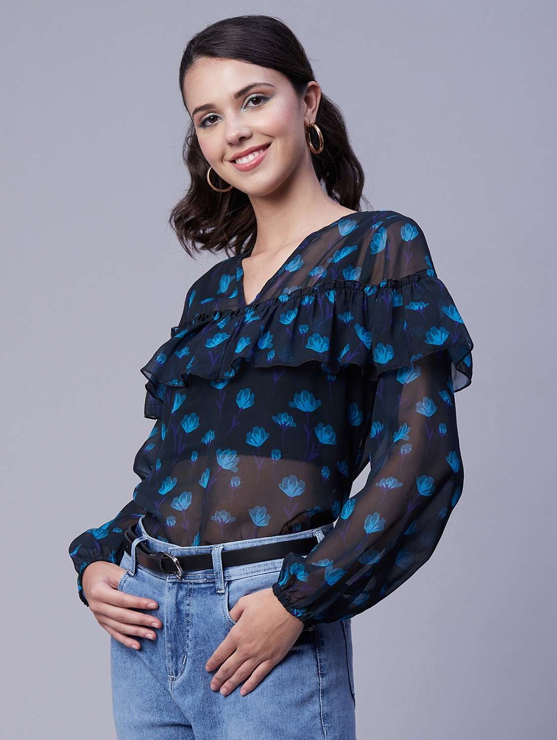 women's ruffle v neck top - 20189303 -  Standard Image - 2