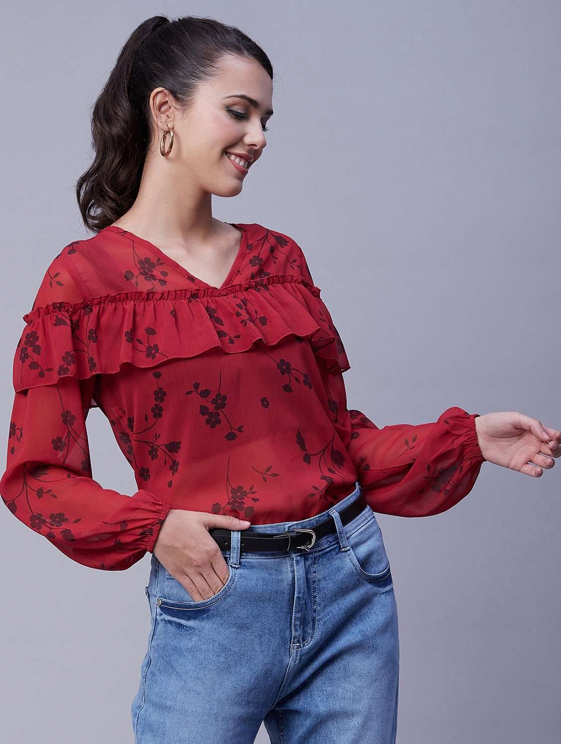 women printed v neck ruffled detailed top - 20189304 -  Standard Image - 2