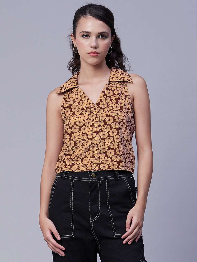 beige florals printed v neck regular top