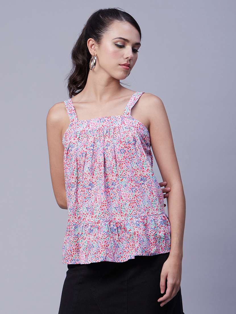 women printed shoulder strap tiered top