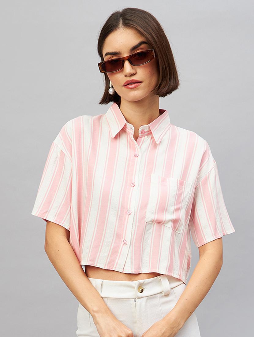 pink striped short sleeves relaxed fit crop shirt - 20189319 - Zoom Image - 0