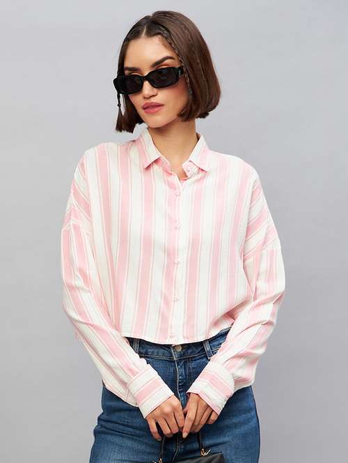 pink striped long sleeves relaxed fit crop shirt - 20189324 -  Standard Image - 0