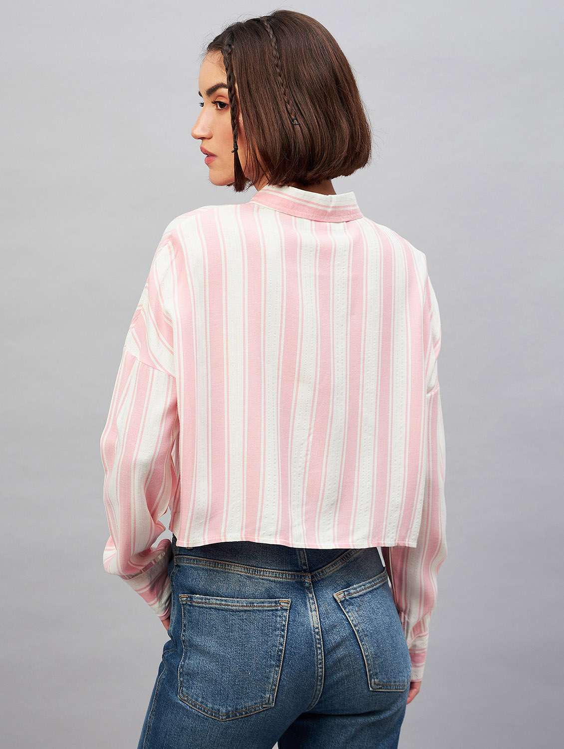 pink striped long sleeves relaxed fit crop shirt - 20189324 - Standard Image - 2