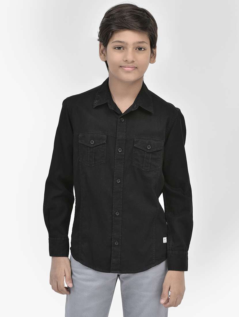 solid black double pocket casual shirt