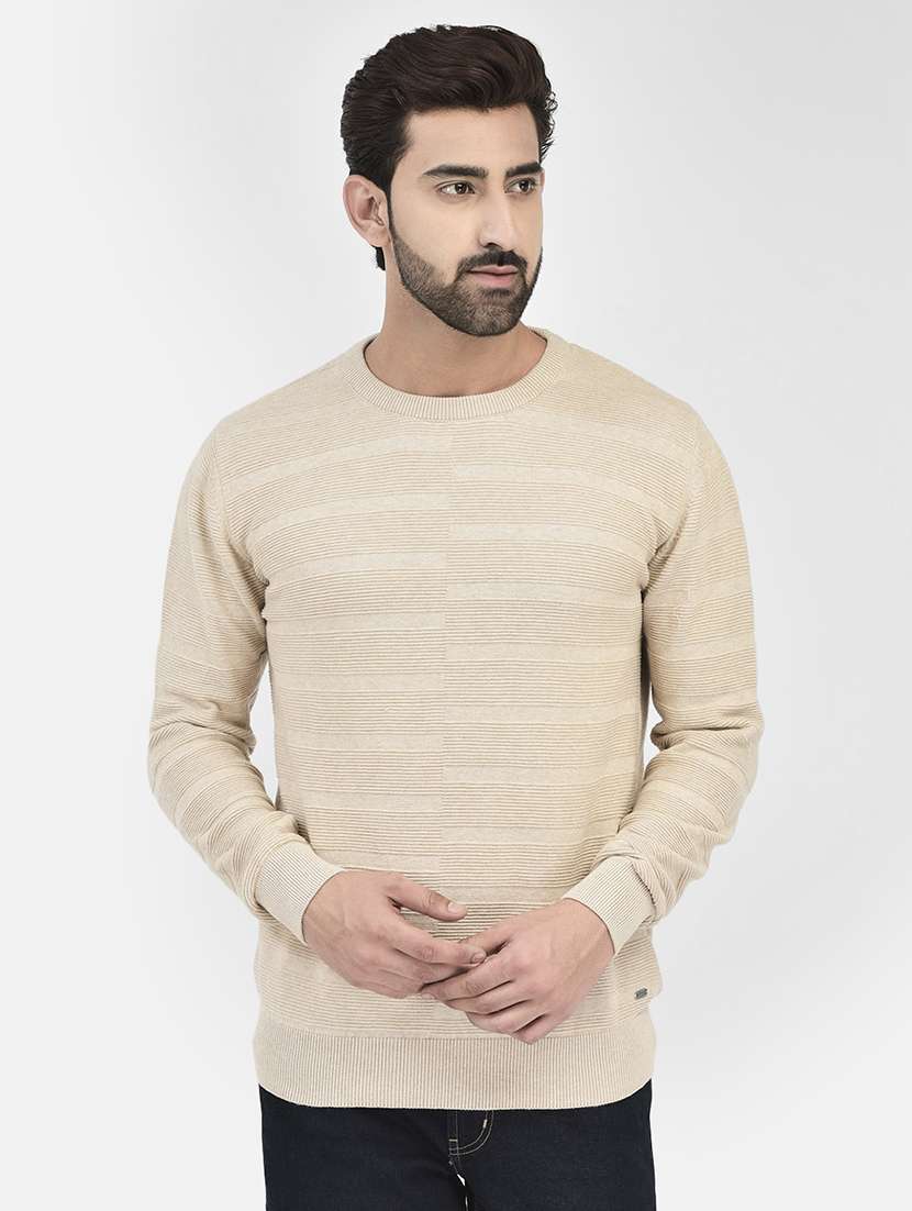 beige stripes round neck pullovers