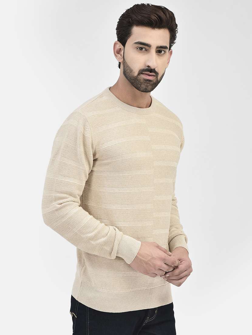 beige stripes round neck pullovers - 20189639 -  Standard Image - 2