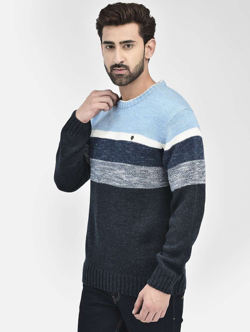 light blue stripes round neck pullovers - 20189643 - Standard Image - 2