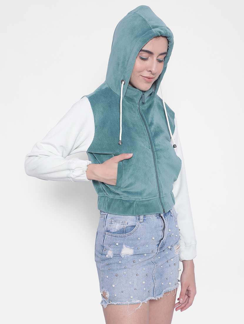 green solid sleeveles hooded jacket - 20189870 -  Standard Image - 2