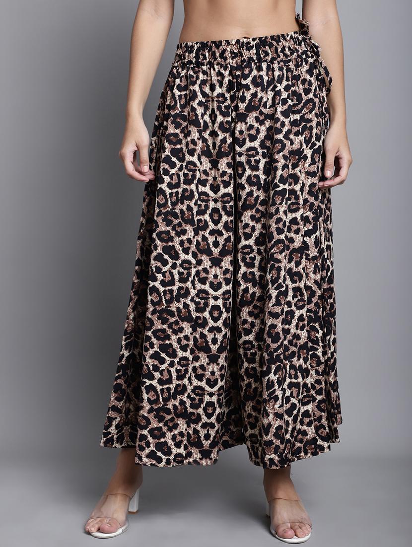 black & beige animal print relaxed fit flared palazzo - 20190832 -  Zoom Image - 0