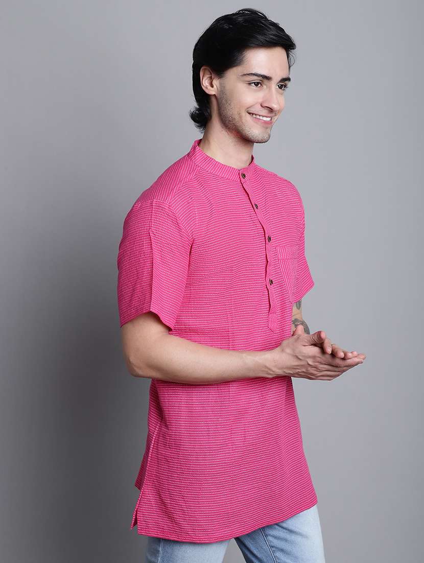 men magenta pink striped short kurta - 20192878 -  Standard Image - 2