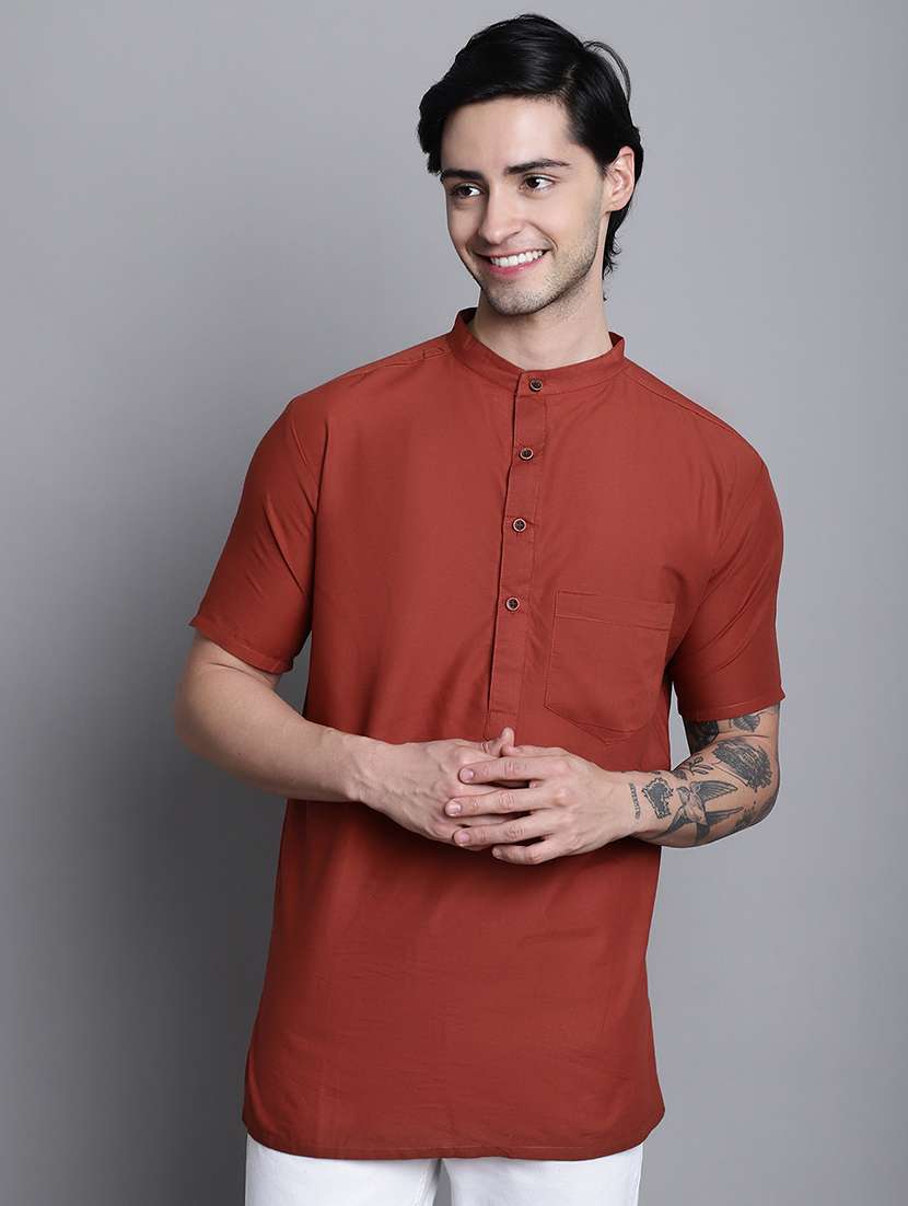 men solid mandarin neck short kurta