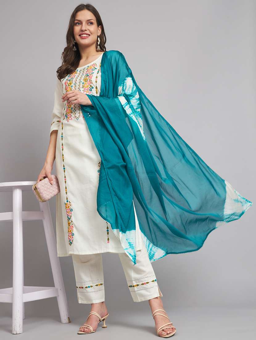 women three quarter sleeve kurta pant with dupatta set