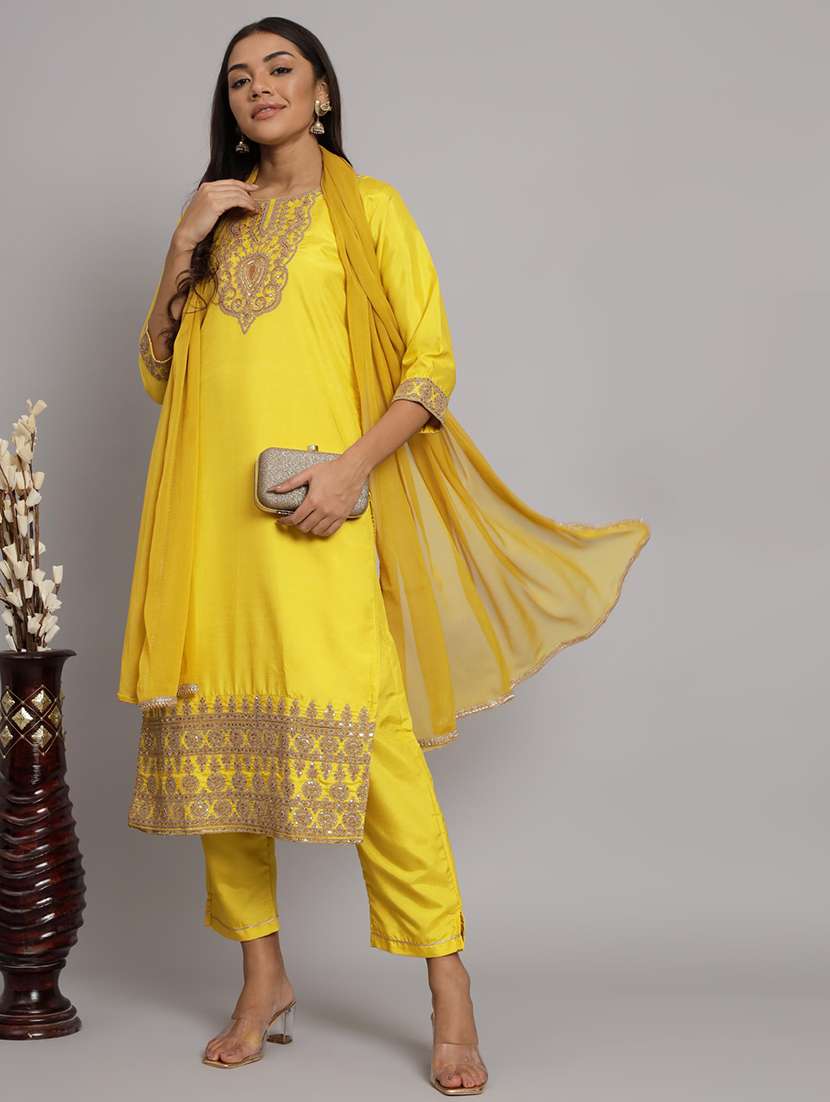 women three quarter sleeve kurta pant with dupatta set