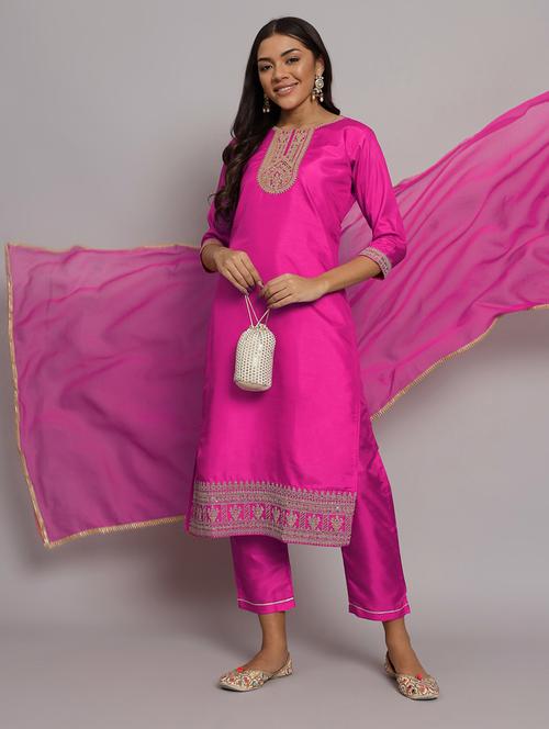 women three quarter sleeve kurta pant with dupatta set - 20194150 - Standard Image - 0