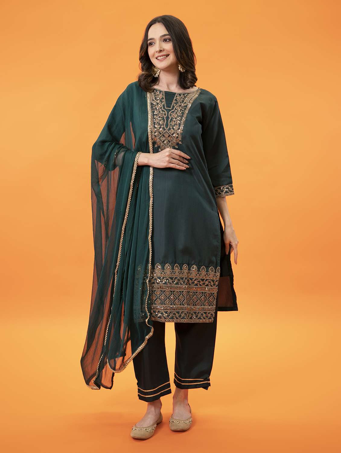 women three quarter sleeve kurta pant with dupatta set