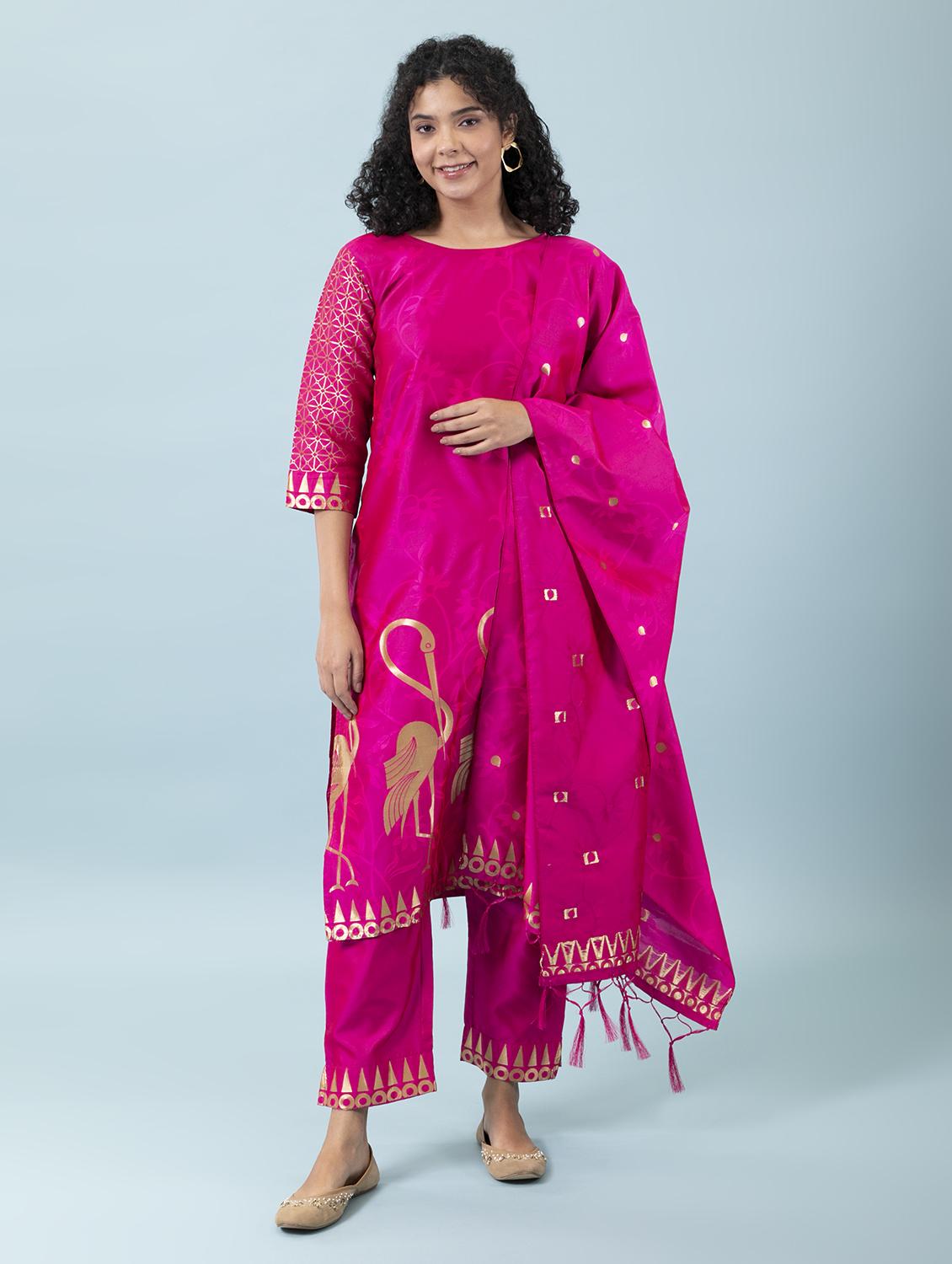 women three quarter sleeve kurta pant with dupatta set - 20194193 - Zoom Image - 0