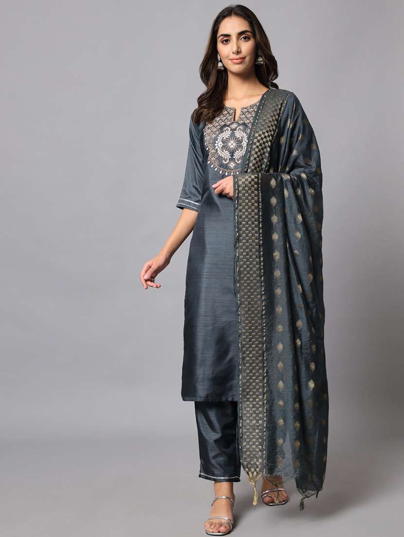 women three quarter sleeve kurta pant with dupatta set