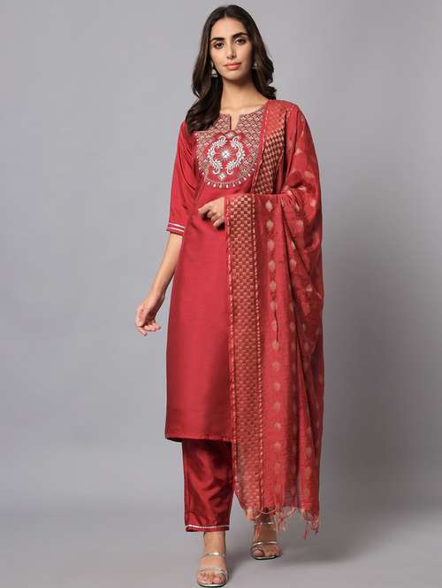 women three quarter sleeve kurta pant with dupatta set - 20194294 -  Standard Image - 0