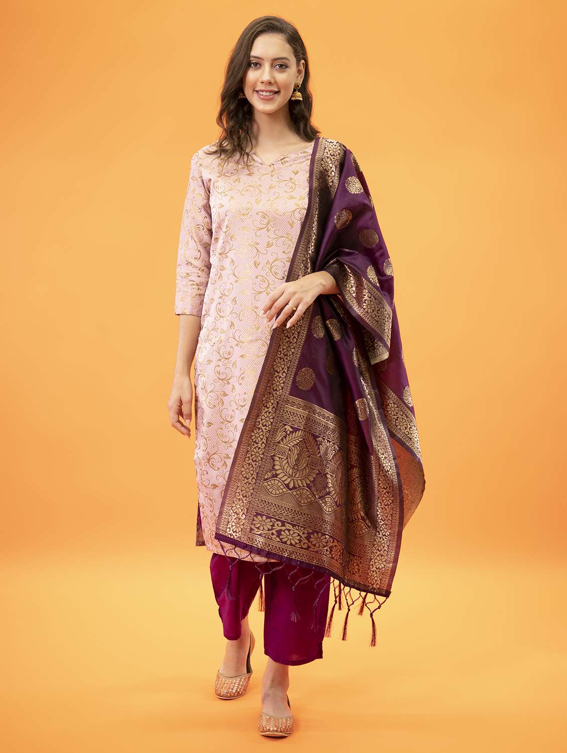 women three quarter sleeve kurta pant with dupatta set