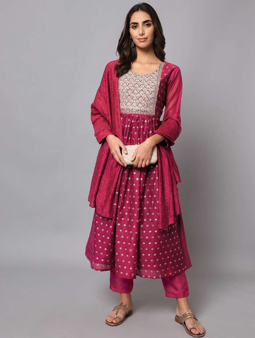Women Three Quarter Sleeve Anarkali Kurta Pant With Dupatta Set